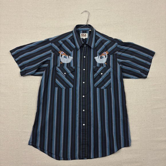 ELY CATTLEMAN Striped Short Sleeve Western Shirt Embroidered Armadillo Size L - Picture 2 of 5